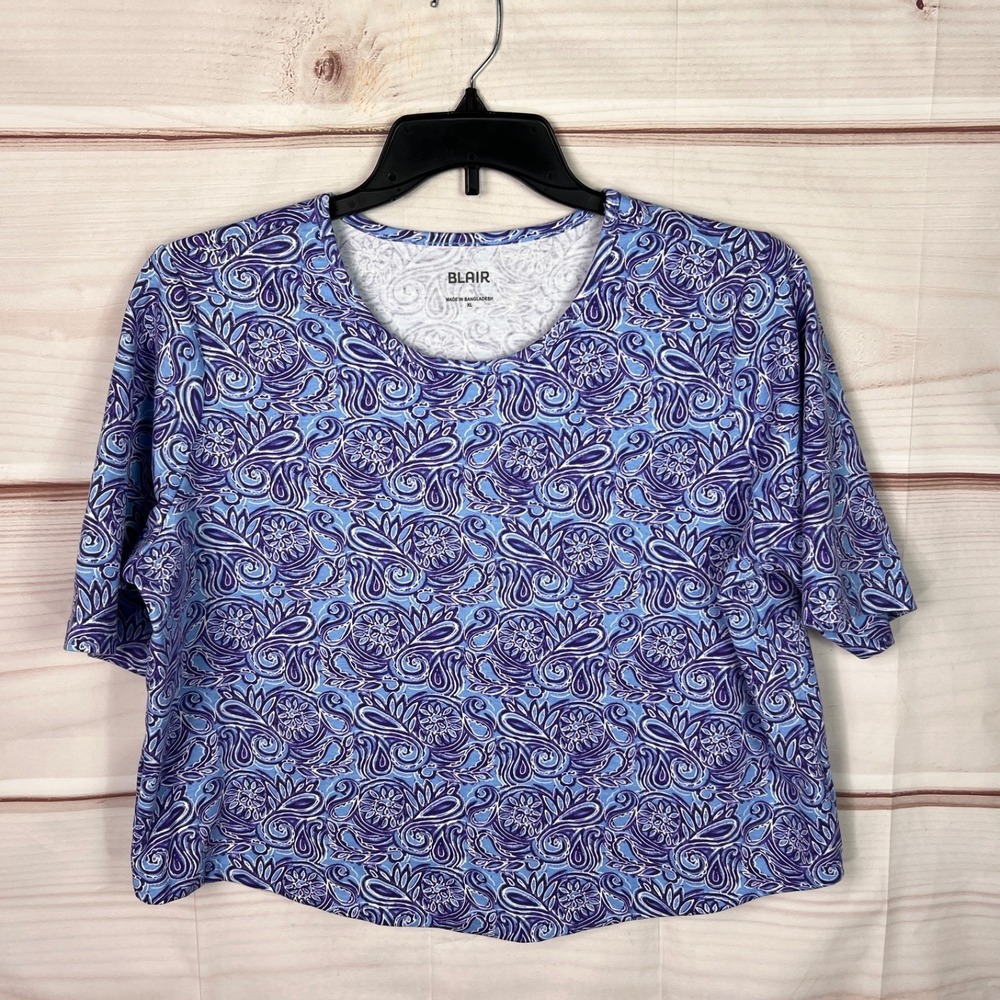 Blair Top Womens XL Purple Paisley T-Shirt Short‎ Sleeve Cropped Round Neck Knit